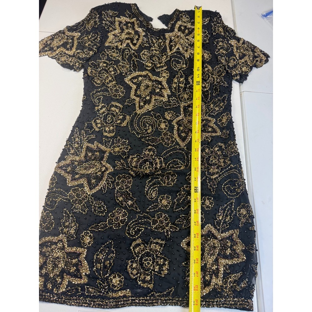 Black Tie Beaded Dress Size 10 Gold Flowers Vintage Cocktail‎ Party - Picture 11 of 11